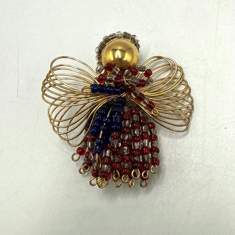 Vintage Patriotic Angel Brooch Wire Wrapped Red White Blue Beaded Pin Gold Tone